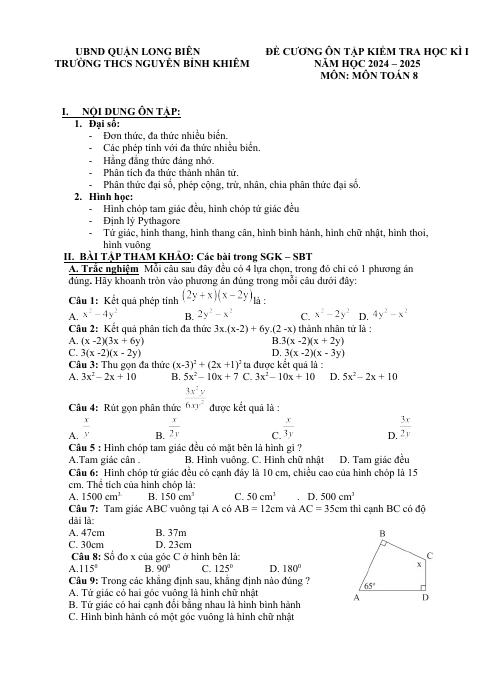 Đề cương cuối kì 1 Toán 8 năm 2024 – 2025 trường THCS Nguyễn Bỉnh Khiêm – Hà Nội (bản Word)